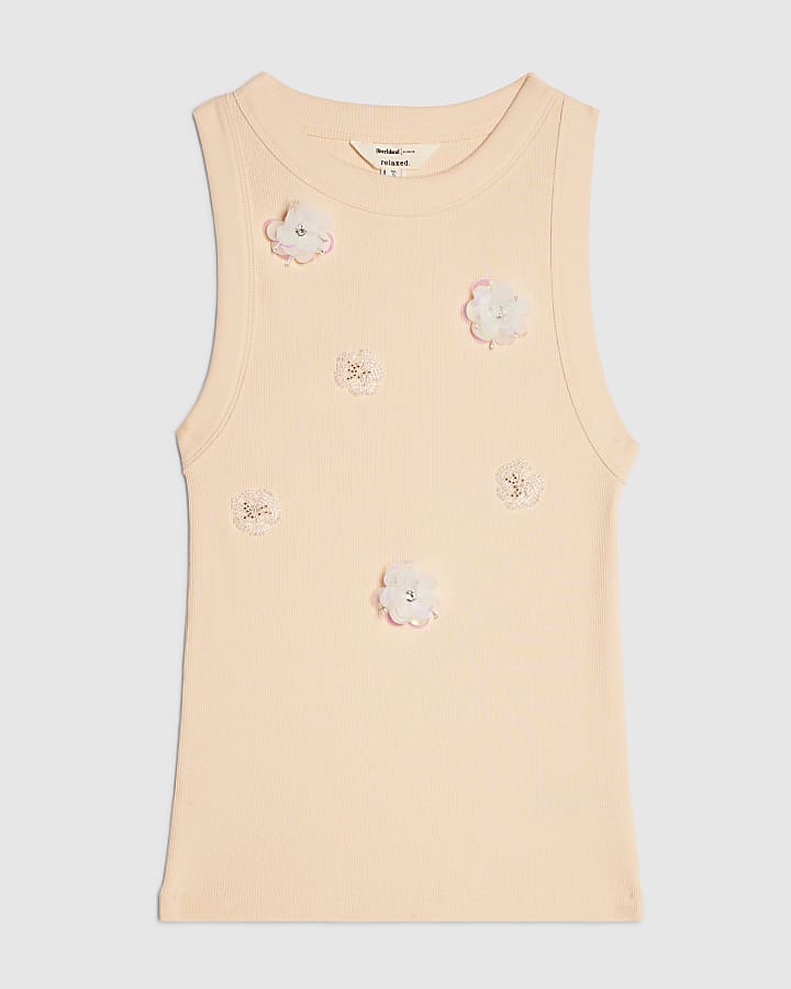 Orange Embellished Floral Tank Top