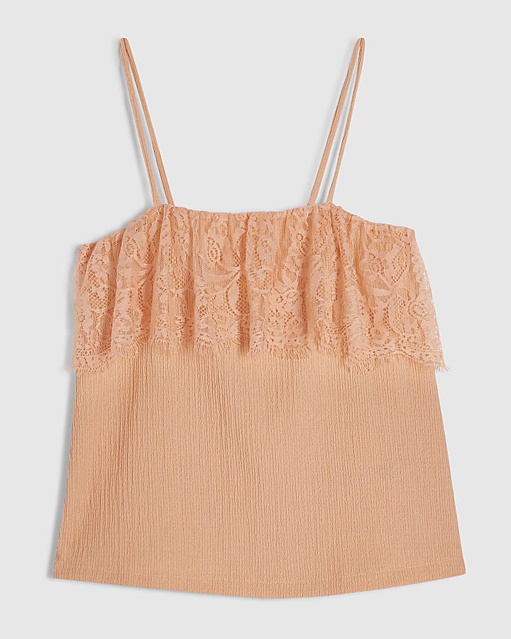 Orange Sleeveless Lace Trim Cami Top