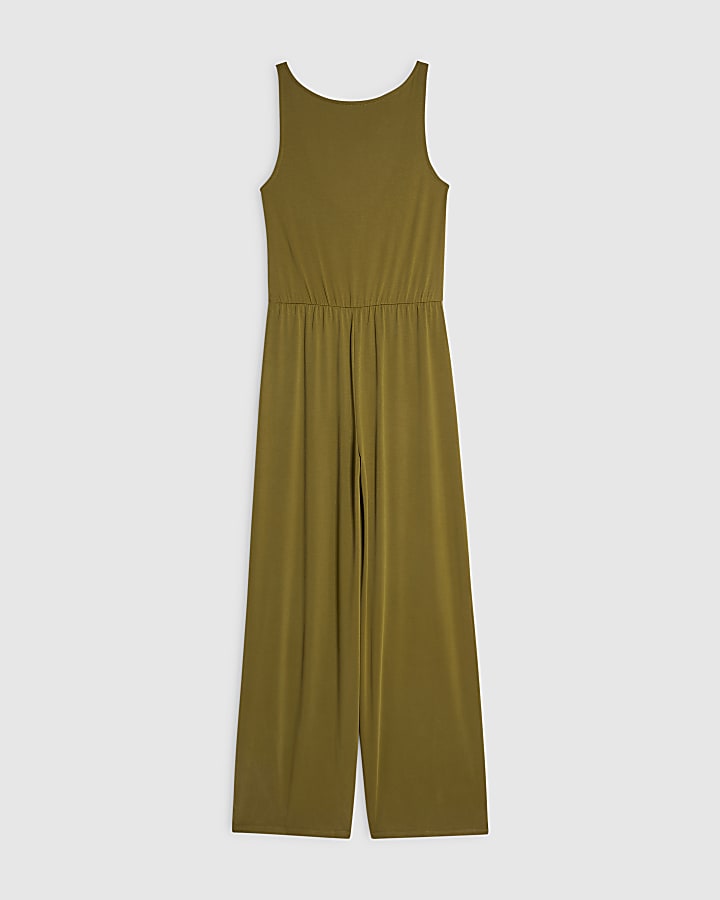 Khaki Cupro Sleeveless Jumpsuit