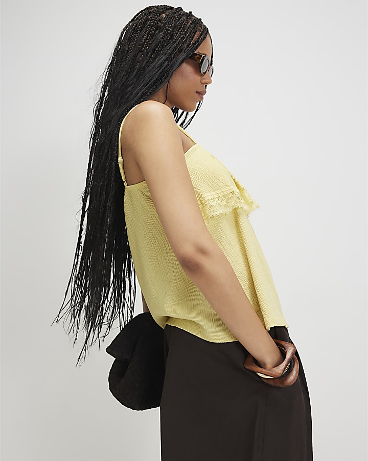 Yellow Ruffle Lace Trim Cami Top