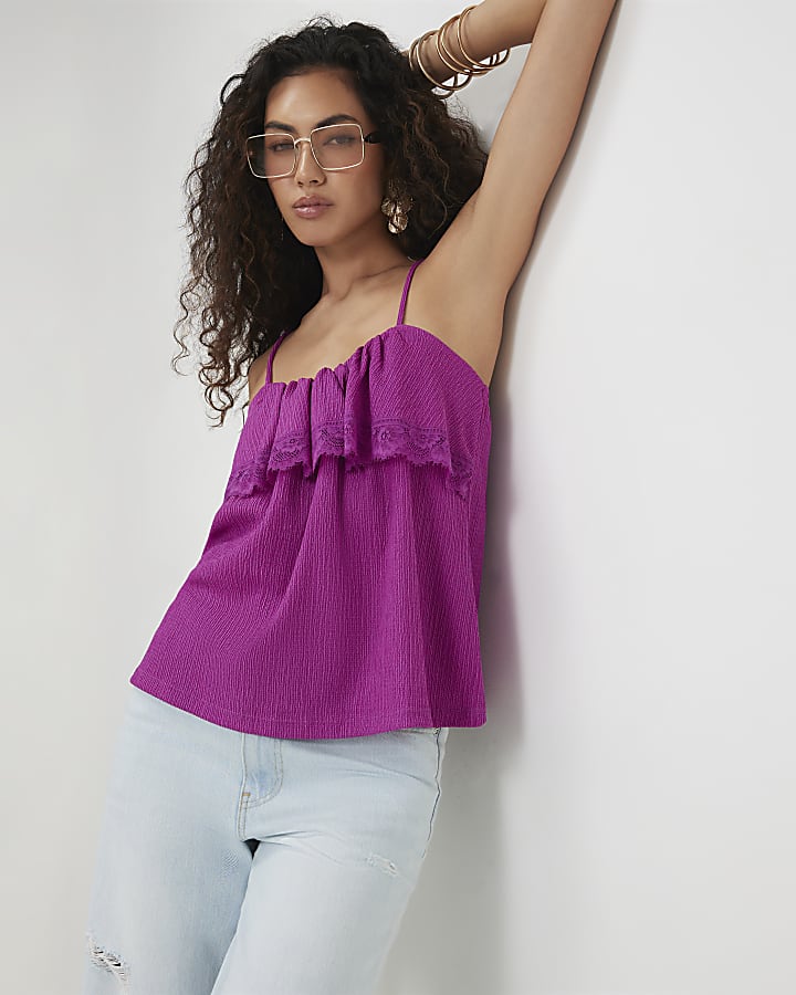 Purple Ruffle Lace Trim Cami Top