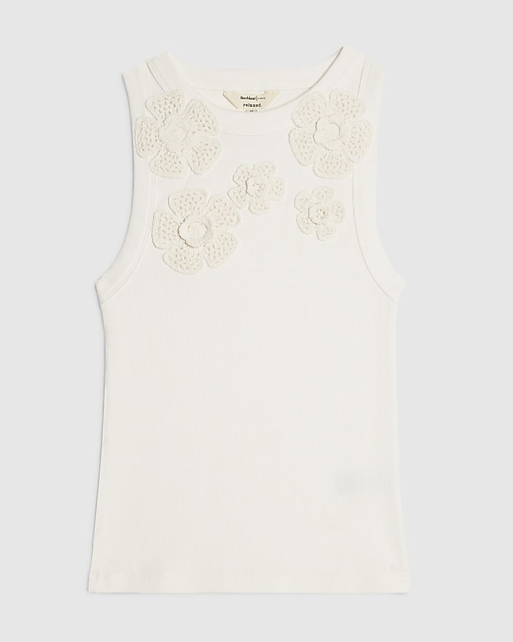 White Sleeveless 3D Flower Ribbed Tank Top