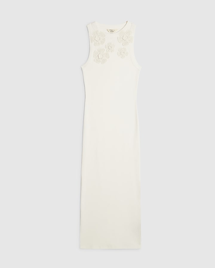White Sleeveless 3D Flower Ribbed Midi Dress