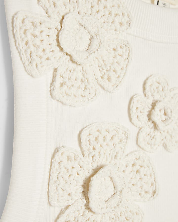 White Sleeveless 3D Flower Ribbed Midi Dress