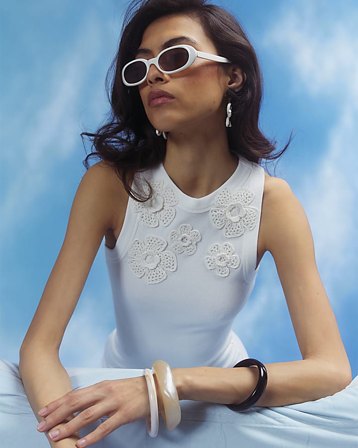 White Sleeveless 3D Flower Ribbed Midi Dress