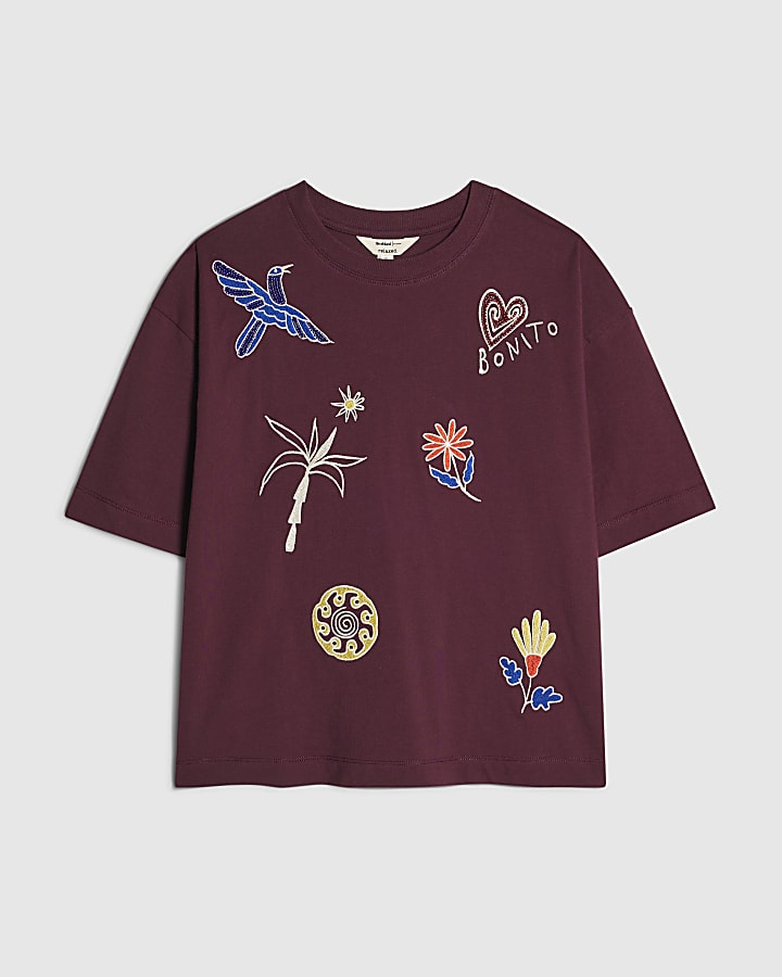 Red Cotton Bonita Quirky Boxy T-Shirt