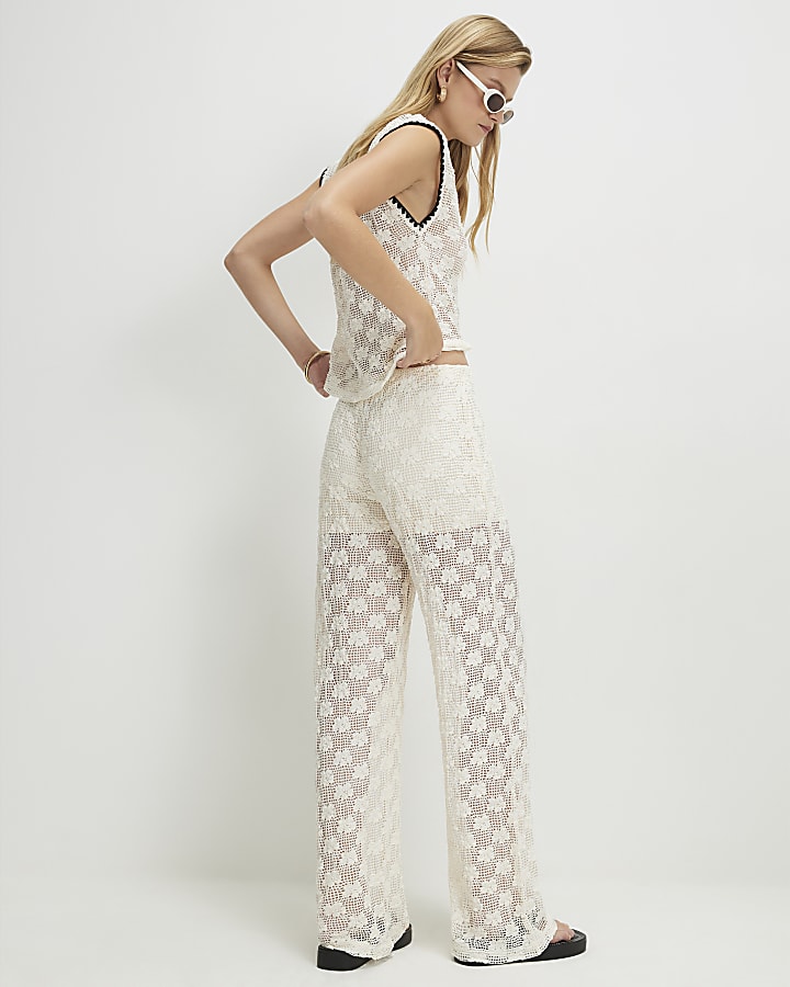 Cream Crochet Wide Leg Trousers