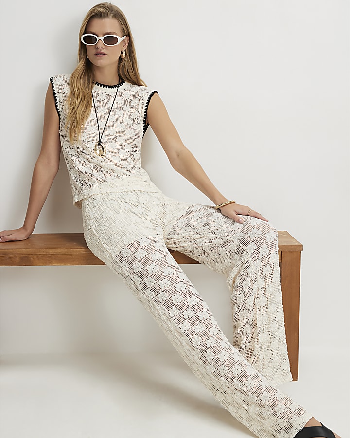 Cream Crochet Wide Leg Trousers
