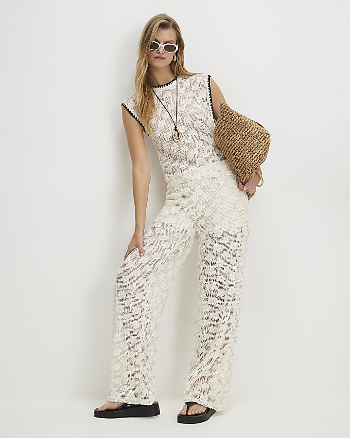 Cream Crochet Wide Leg Trousers