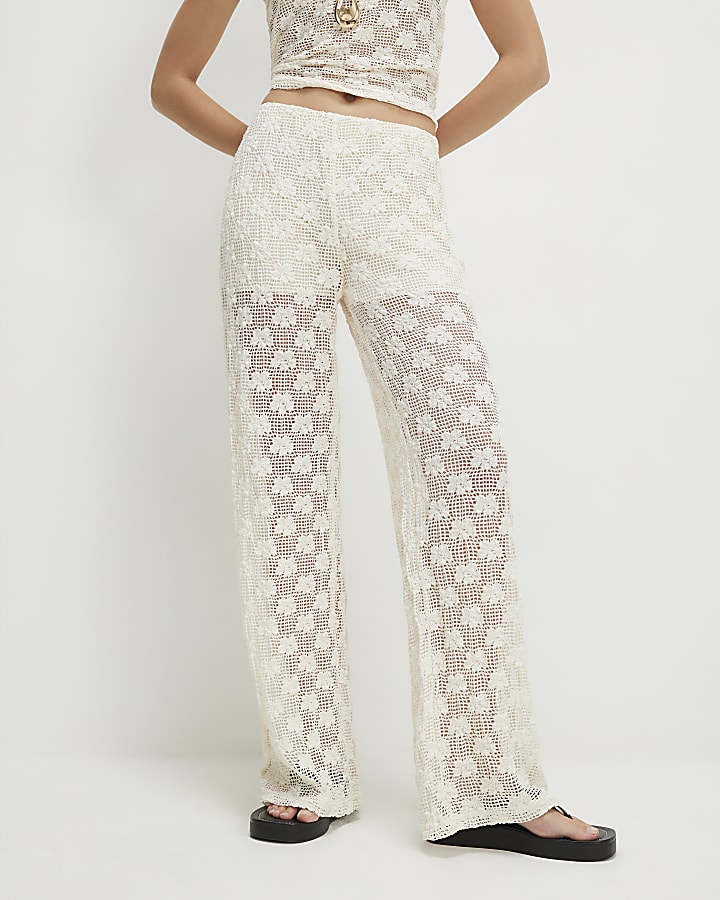 Cream Crochet Wide Leg Trousers