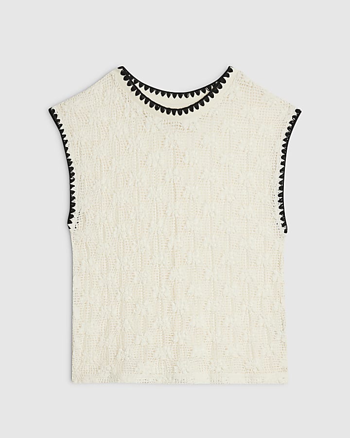 Cream Whipstitch Trim Crochet Tank Top