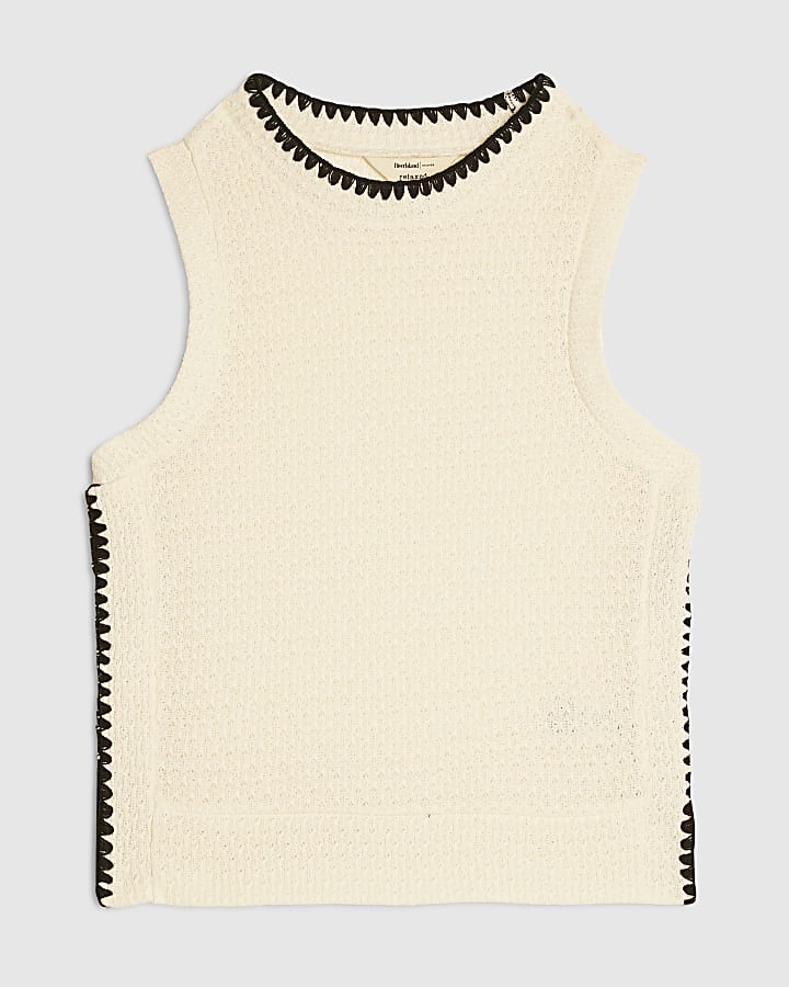 Cream Whipstitch High Neck Tank Top