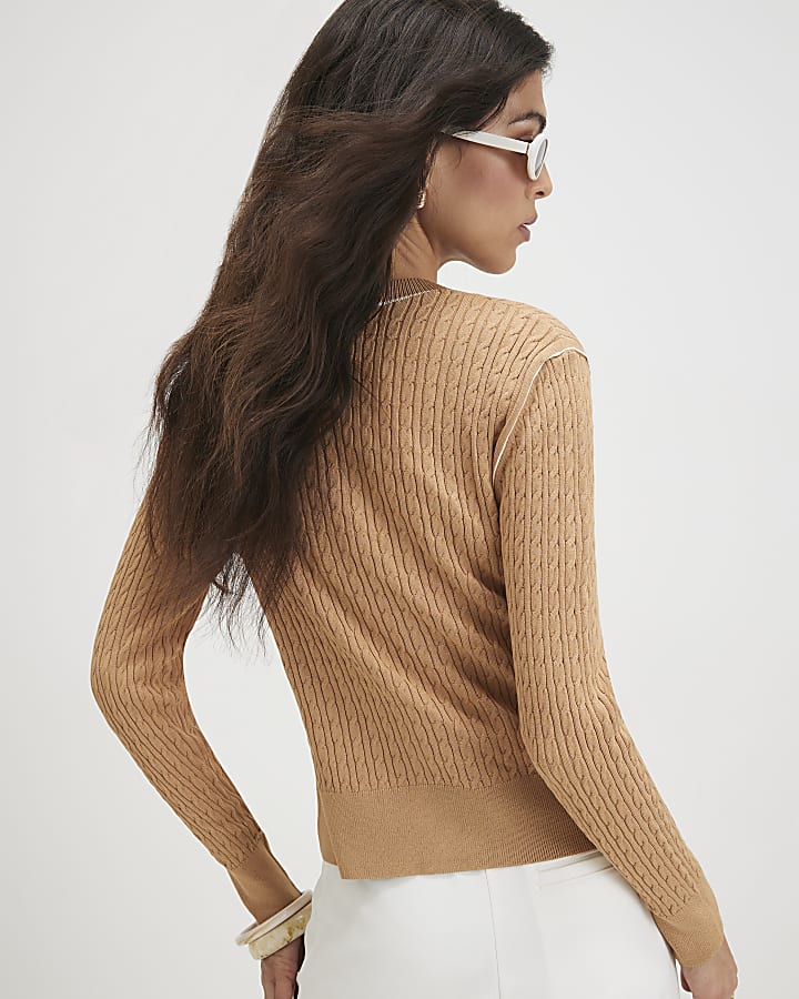 Beige Cotton Cable Knit Cardigan