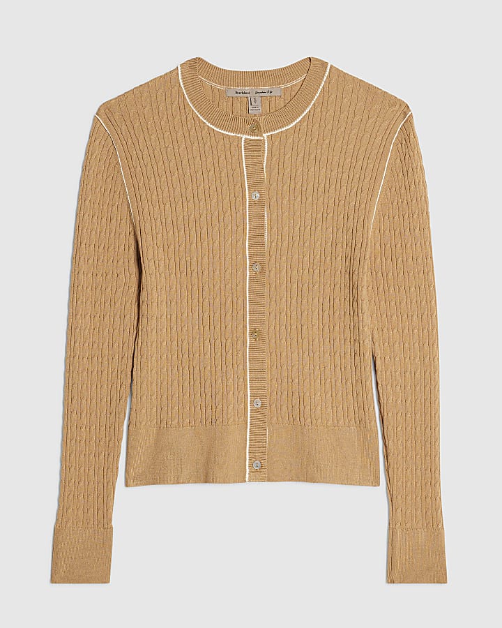 Beige Cotton Cable Knit Cardigan