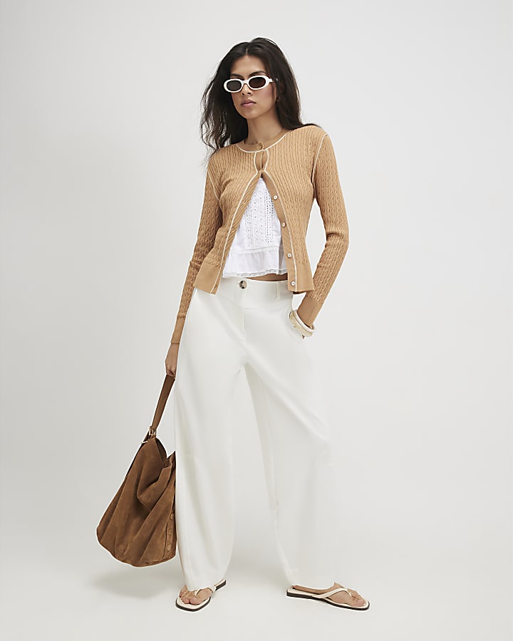 Beige Cotton Cable Knit Cardigan