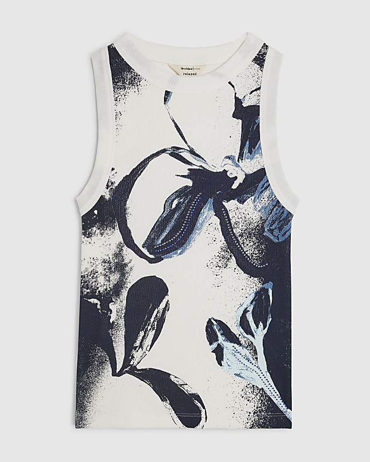 White Floral Print Tank Top