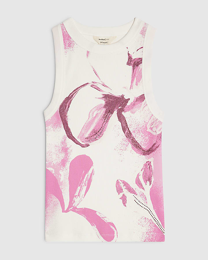 Pink Cotton Blend Floral Print Tank Top