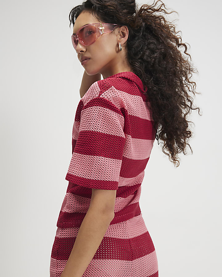 Pink Stripe Crochet Polo Top
