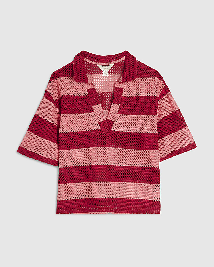 Pink Stripe Crochet Polo Top