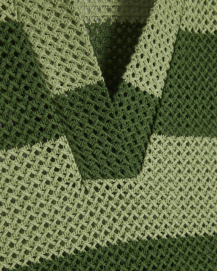 Green Stripe Crochet Polo Top