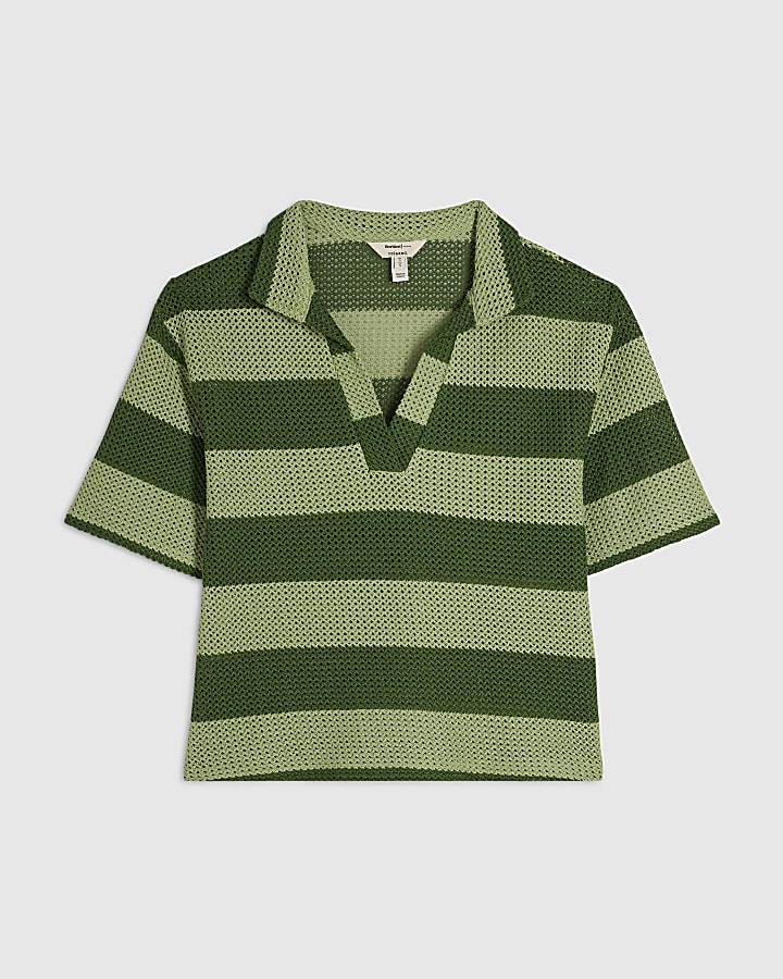 Green Stripe Crochet Polo Top