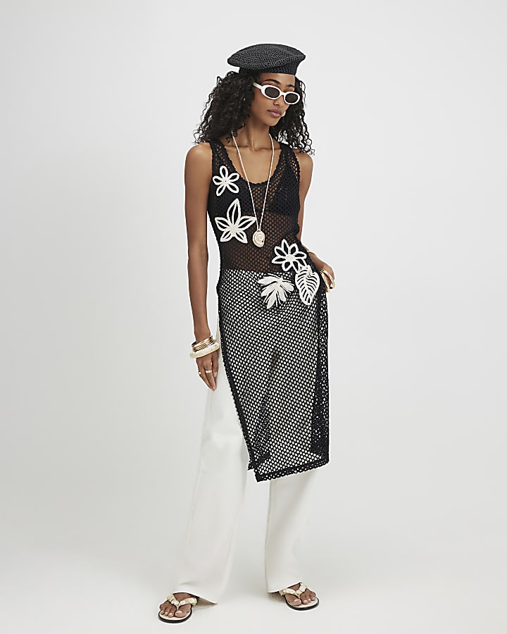 Black Crochet Flower Tunic Top
