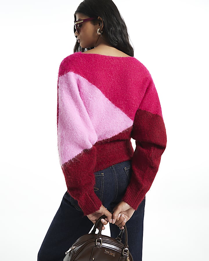 Red Colour Blocked Batwing Knit Jumper
