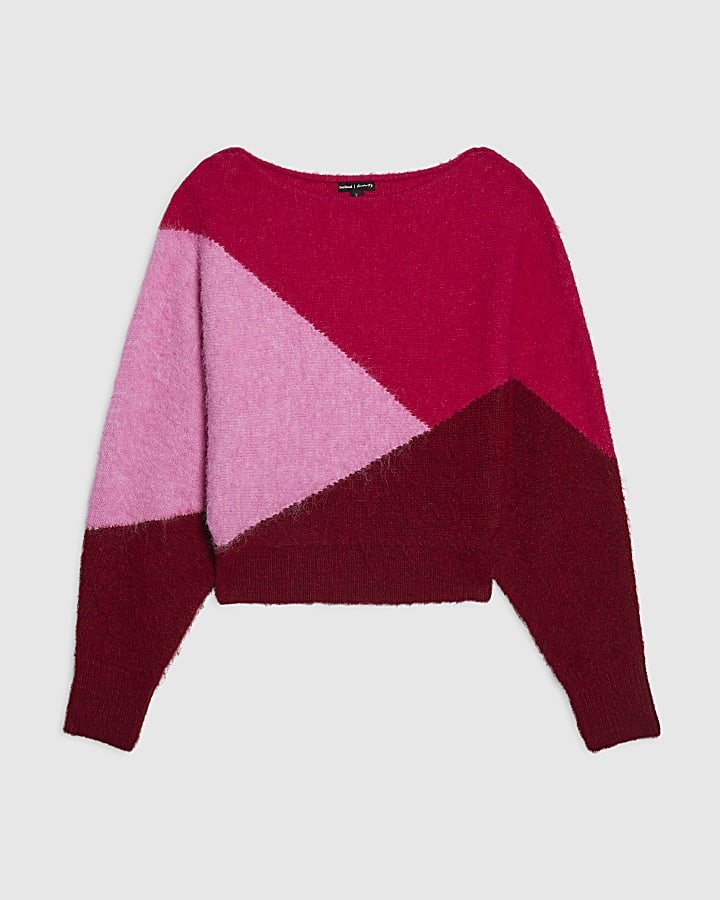 Red Colour Blocked Batwing Knit Jumper