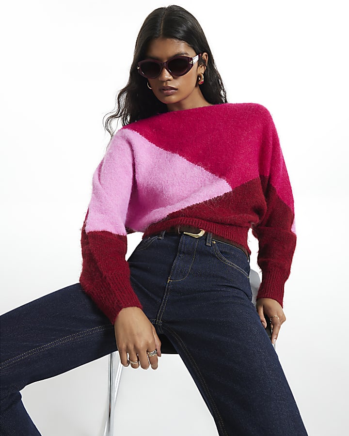 Red Colour Blocked Batwing Knit Jumper