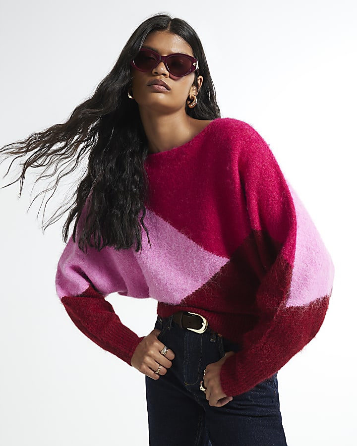 Red Colour Blocked Batwing Knit Jumper