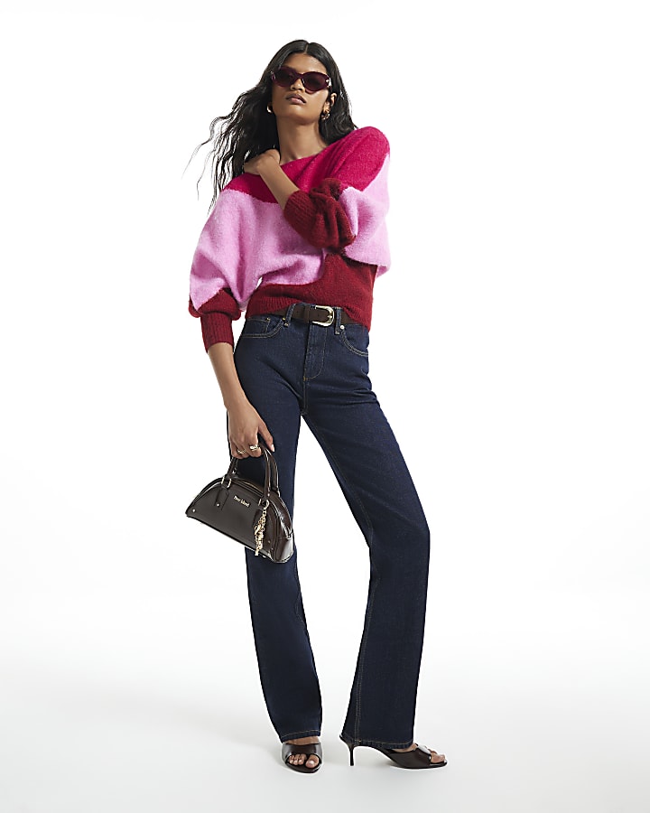 Red Colour Blocked Batwing Knit Jumper
