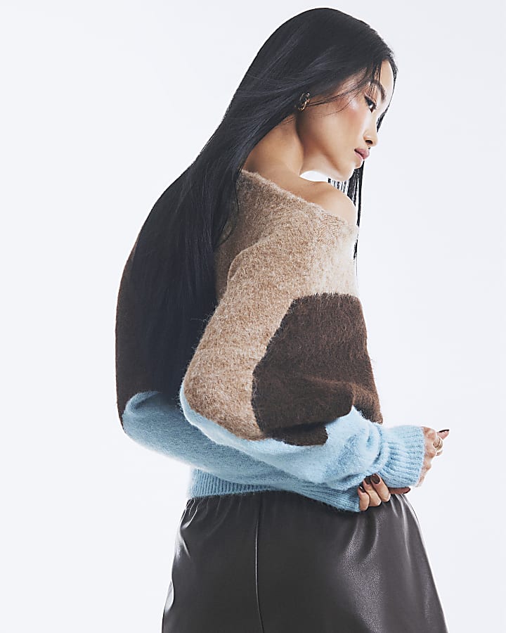 Brown Argyle Print Batwing Jumper