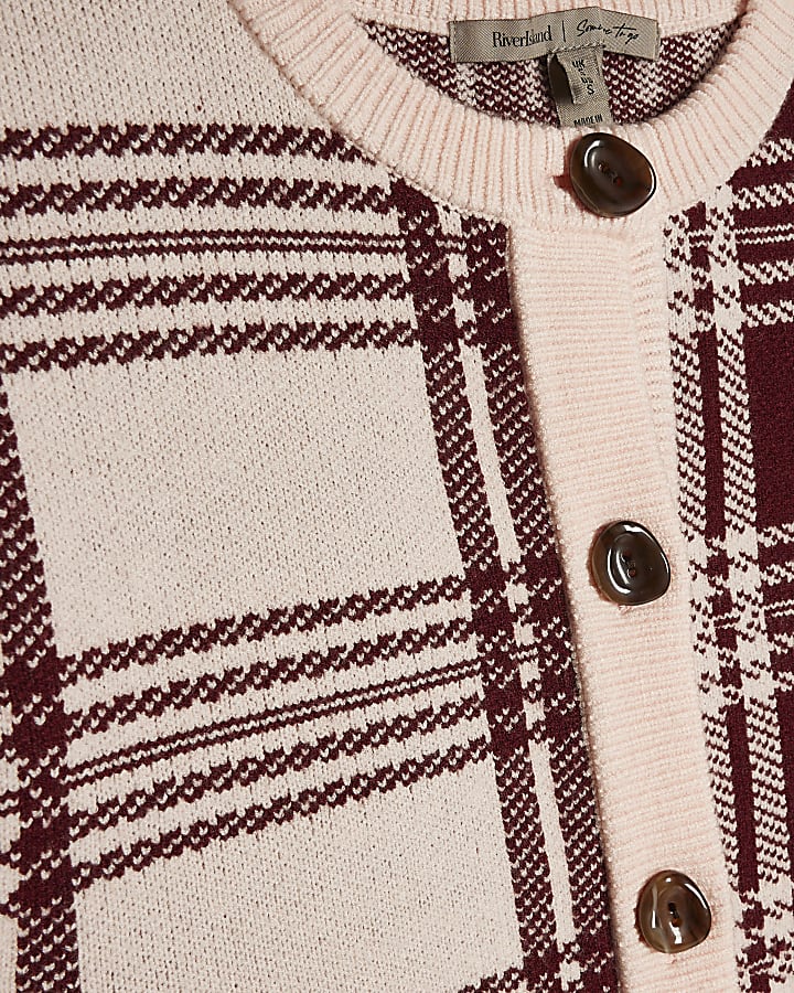 Pink Banana Sleeve Knit Check Cardigan