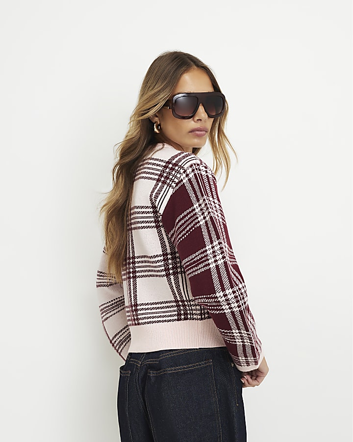Pink Banana Sleeve Knit Check Cardigan
