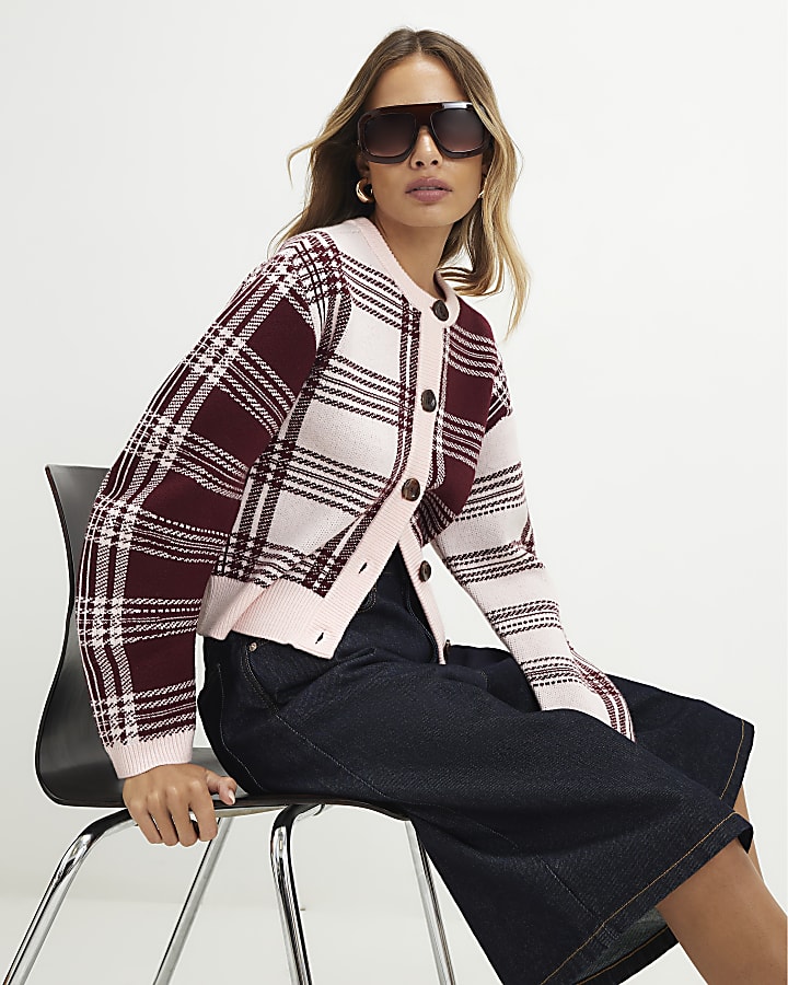 Pink Banana Sleeve Knit Check Cardigan