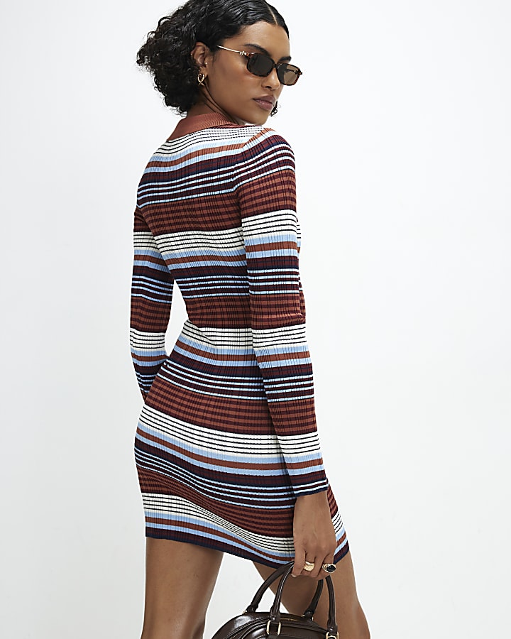 Blue Stripe Knitted Polo Mini Dress