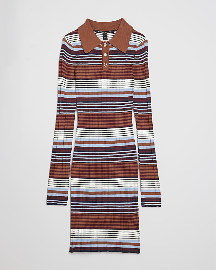 Blue Stripe Knitted Polo Mini Dress