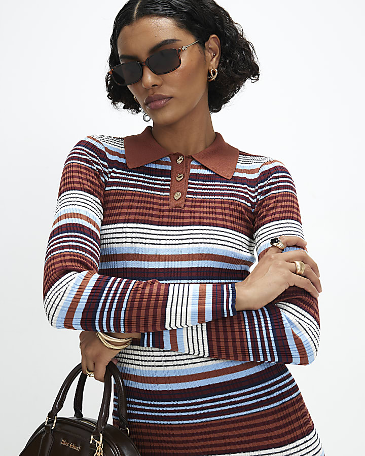 Blue Stripe Knitted Polo Mini Dress