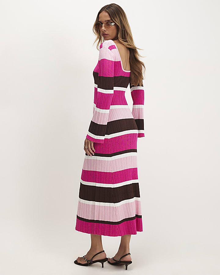 Pink Stripe Knit Long Sleeve Midi Dress