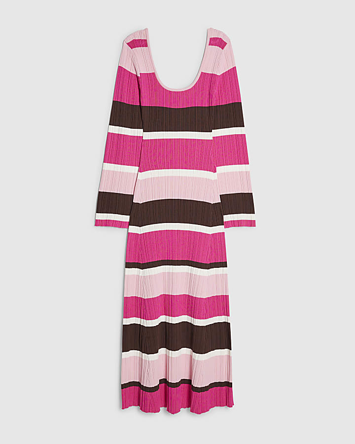 Pink Stripe Knit Long Sleeve Midi Dress