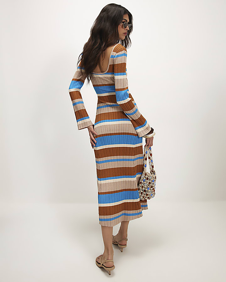 Brown Long Sleeve Stripe Knit Midi Dress