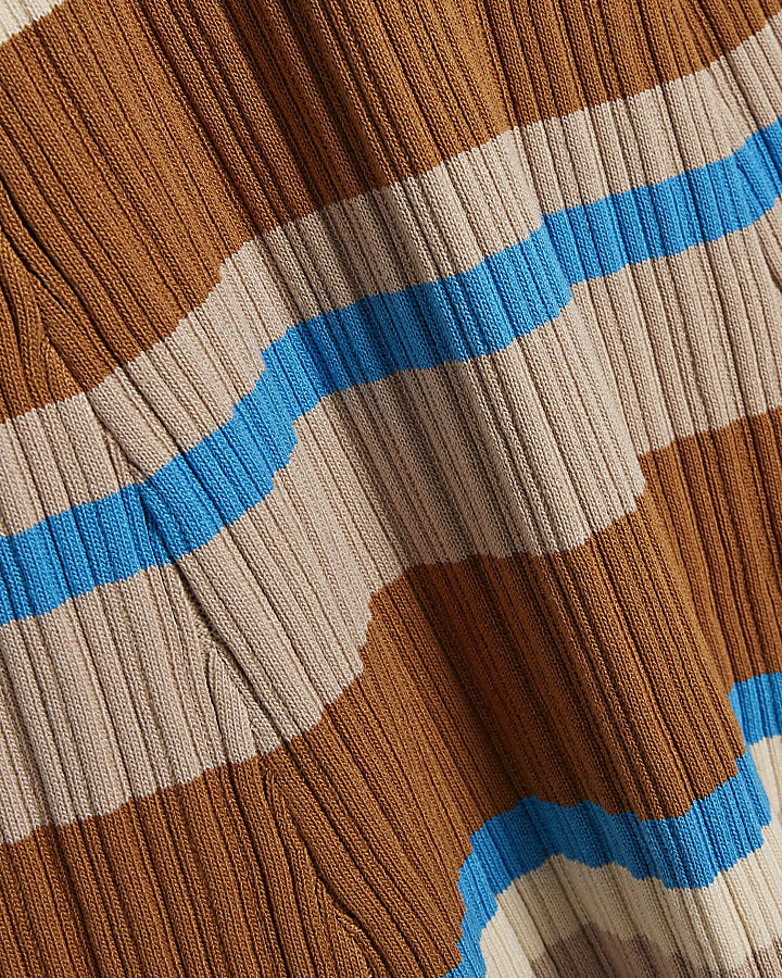 Brown Long Sleeve Stripe Knit Midi Dress
