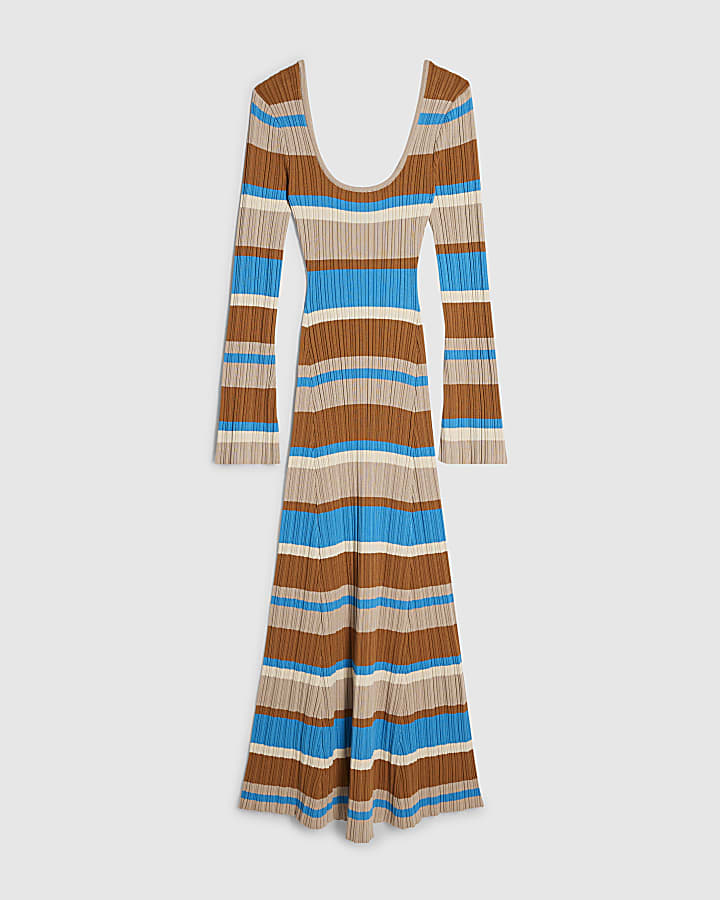 Brown Long Sleeve Stripe Knit Midi Dress
