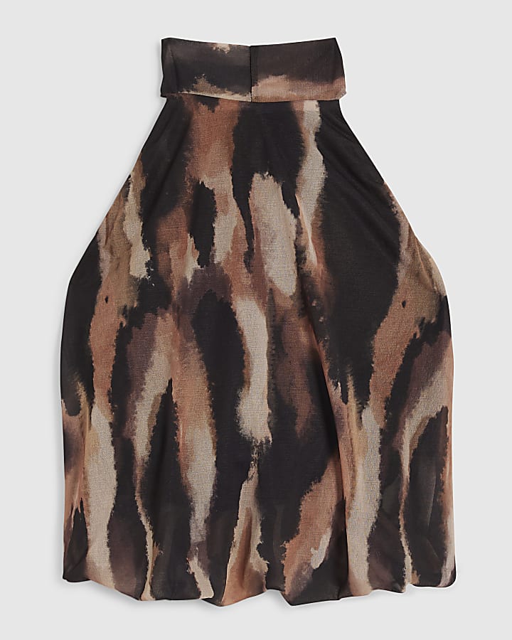 Brown Animal Print Halter Neck Bubble Hem Top
