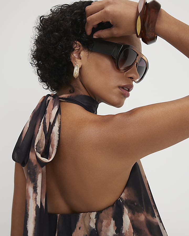Brown Animal Print Halter Neck Bubble Hem Top