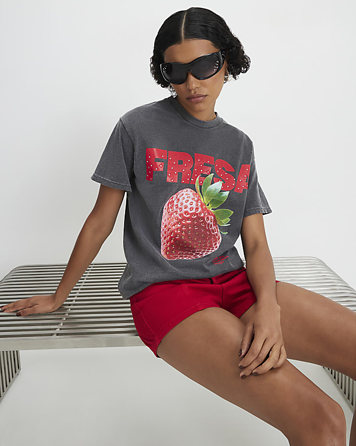 Grey Strawberry Hotfix Boyfriend Fit T-Shirt