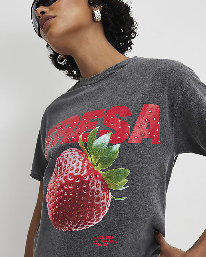 Grey Strawberry Hotfix Boyfriend Fit T-Shirt