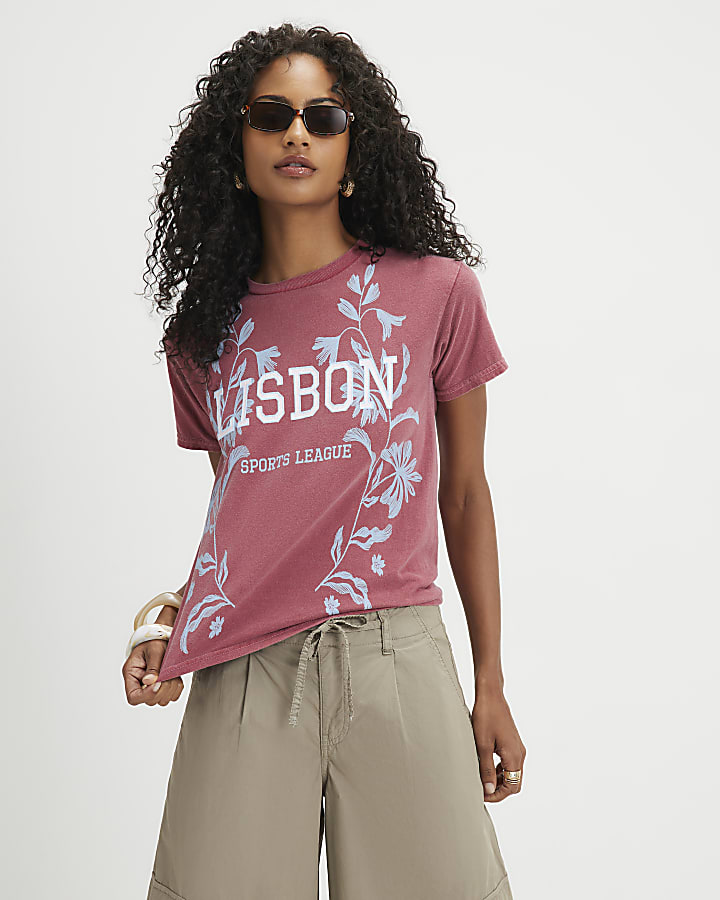 Red Short Sleeve Lisbon Floral Fitted T-Shirt