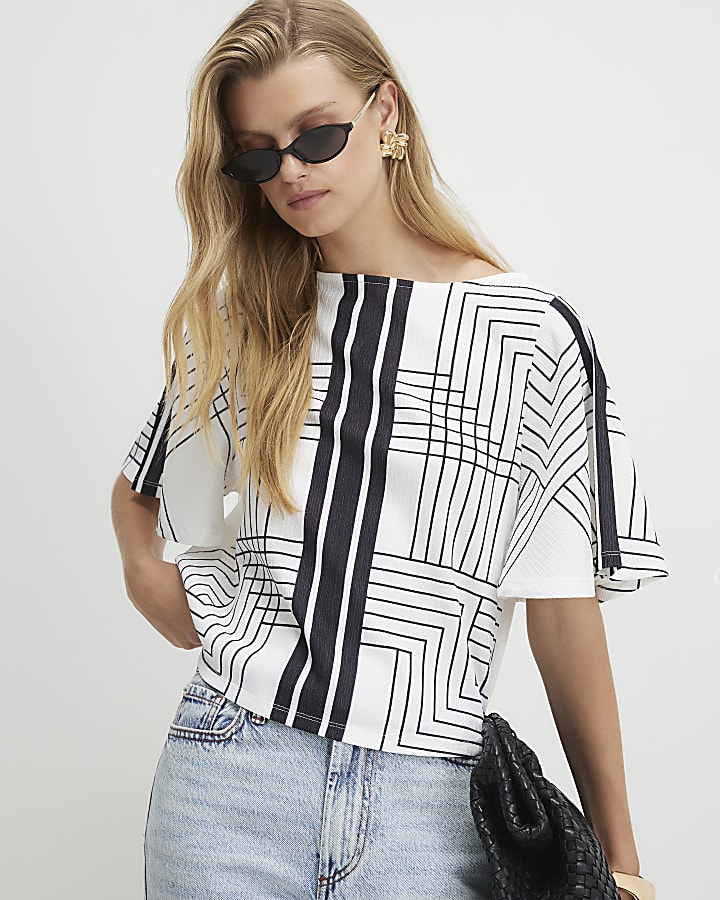 Cream Geometric Print Textured Top