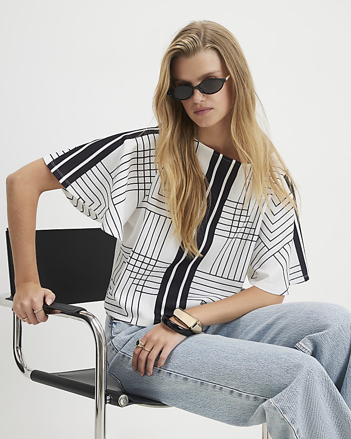 Cream Geometric Print Textured Top